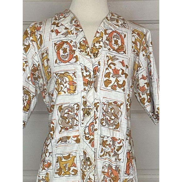 Vintage 50s Day Dress Sz L Gold Cream Letters Rockabilly Retro Feminine - Picture 2 of 10